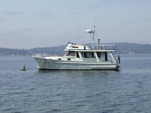 36 foot Europa Trawler built by Blue Seas on hook