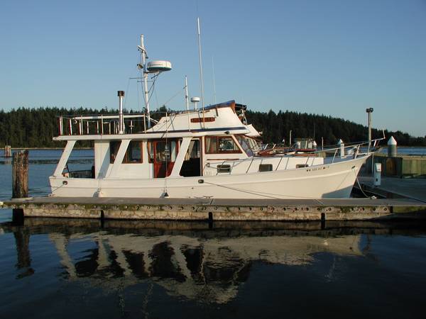 36 foot Europa Trawler built by Blue Seas at dock
