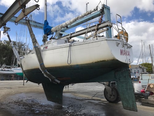 30 Irwin on sling in boat yard