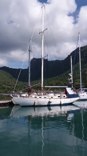 43ft British built classic wooden Buchanan yawl sailboat lying in Moorea, near Tahiti, in French Polynesia